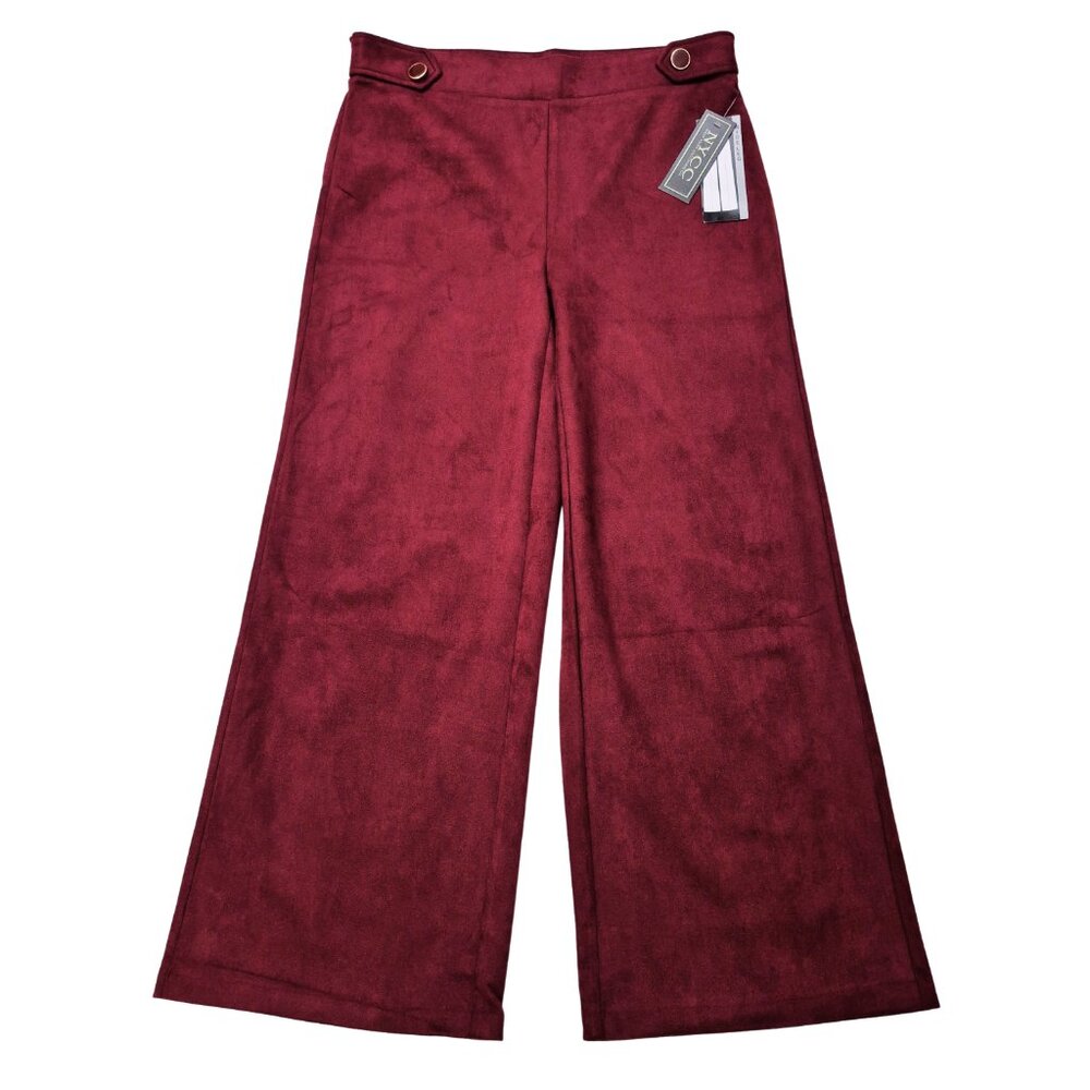 NYCC Burgundy Velvet Wide Leg Trouser Pants Women Sz L Elastic Waist